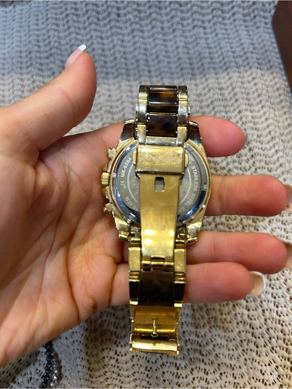 Michael Kors Gold and Tortoiseshell Acrylic Link Chronograph Watch
